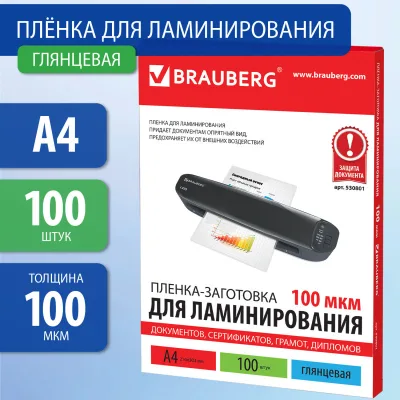 Пленки-заготовки для ламинирования А4, КОМПЛЕКТ 100 шт., 100 мкм, BRAUBERG