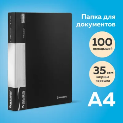 Папка 100 вкладышей BRAUBERG стандарт, черная, 0,9 мм