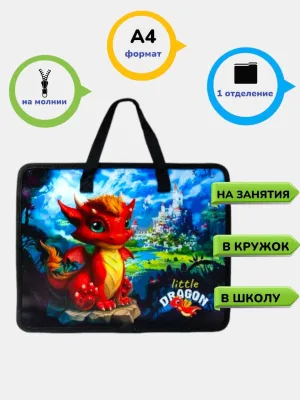 Папка школьная для тетрадей А4 на молнии с ручками "Дракоша", пластик, 33.5*26*10 см.