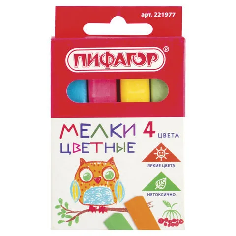 Мел цветной ПИФАГОР, набор 4 шт., квадратный