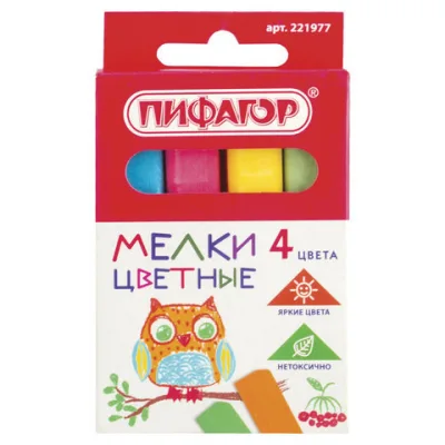 Мел цветной ПИФАГОР, набор 4 шт., квадратный
