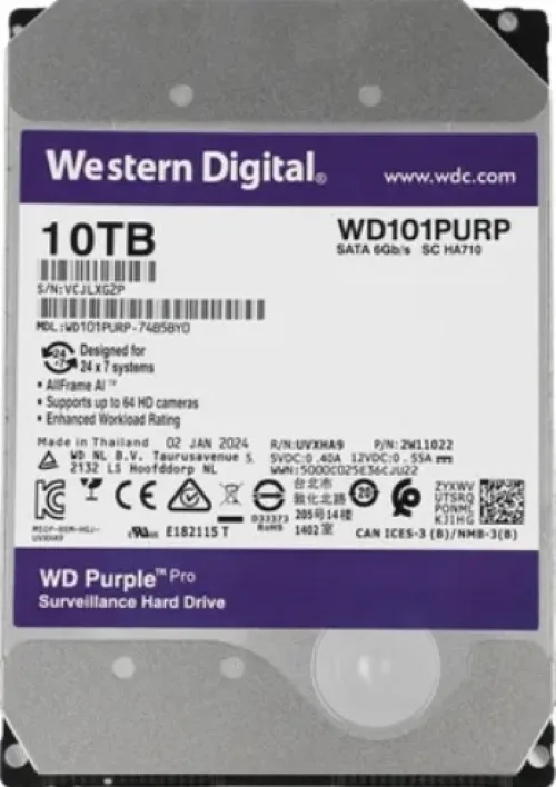Жесткий диск WD SATA-III 10TB WD101PURP Surveillance Purple Pro (7200rpm) 256Mb 3.5"