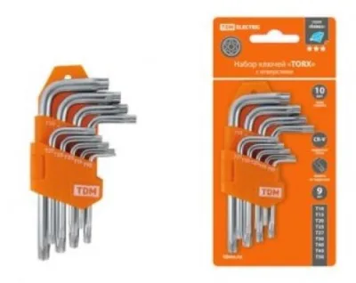 Набор ключей имбусовых TDM TORX (звездочки) с отверстием 9 шт Т10-Т50 1021-0102
