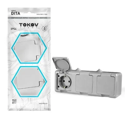 Розетка 3-м ОП Dita 16А IP54 250В с заземл. с сер. крышкой сер. TOKOV ELECTRIC TKL-DT-R3Z-C06-IP54