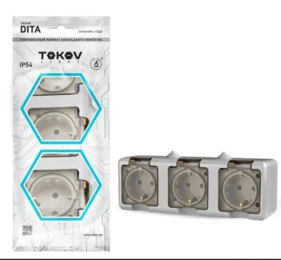 Розетка 3-м ОП Dita 16А IP54 250В с заземл. с прозр. крышкой сер.TOKOV ELECTRIC TKL-DT-R3Z-C06T-IP54