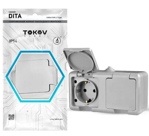 Розетка 2-м ОП Dita 16А IP54 250В с заземл. с крышкой сер. TOKOV ELECTRIC TKL-DT-R2Z-C06-IP54