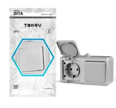 Блок ОП Dita (розетка 16А 250В с заземл. + 1-кл. выкл. 10А) IP54 сер. TOKOV ELECTRIC TKL-DT-V1RZ-C06