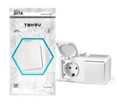 Блок ОП Dita (розетка 16А 250В с заземл. + 1-кл. выкл. 10А) IP54 бел. TOKOV ELECTRIC TKL-DT-V1RZ-C01