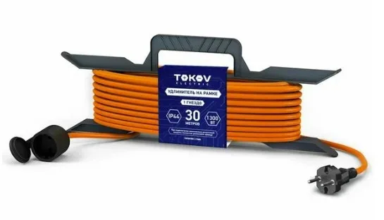 Удлинитель-шнур на рамке 1х30м без заземл. 6А IP44 2х0.75 с защ. крышкой TOKOV ELECTRIC TKE-SR30-075