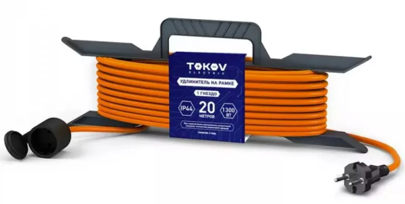 Удлинитель-шнур на рамке 1х20м без заземл. 6А IP44 2х0.75 с защ. крышкой TOKOV ELECTRIC TKE-SR20-075