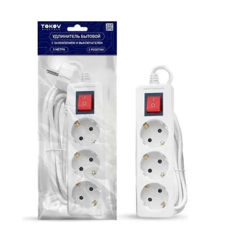 Удлинитель 3х3м с заземл. с выкл. 10А 3х0.75 TOKOV ELECTRIC TKE-C01-BU3-3-075-ZV