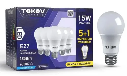 Лампа светодиодная 15Вт А60 6500К Е27 176-264В Promo 5+1 TOKOV ELECTRIC Promo-A60-E27-15-6.5K