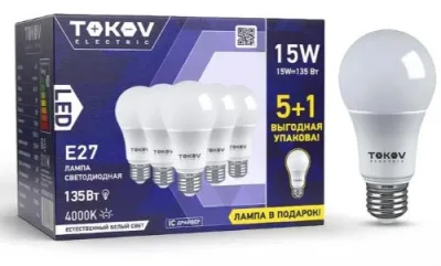 Лампа светодиодная 15Вт А60 4000К Е27 176-264В Promo 5+1 TOKOV ELECTRIC Promo-A60-E27-15-4K