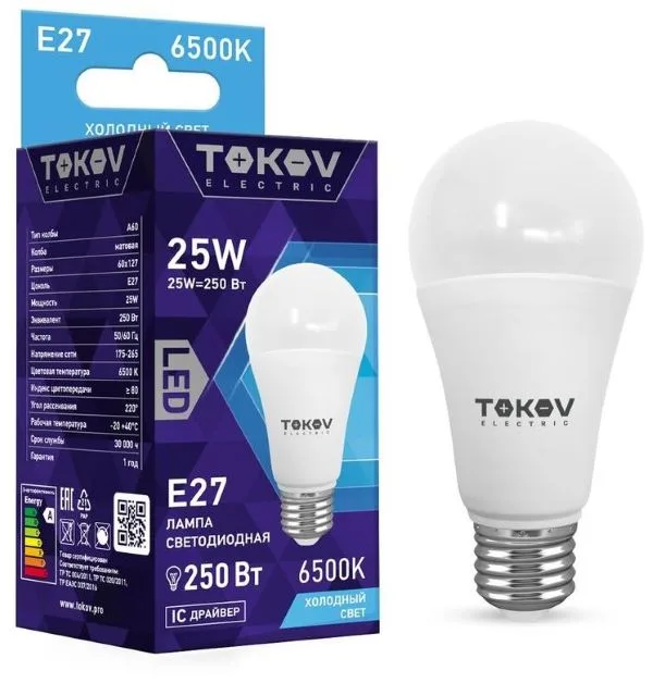 Лампа светодиодная 25Вт А60 6500К Е27 176-264В TOKOV ELECTRIC TKE-A60-E27-25-6.5K