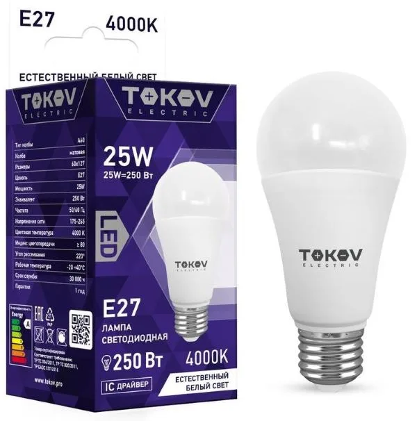 Лампа светодиодная 25Вт А60 4000К Е27 176-264В TOKOV ELECTRIC TKE-A60-E27-25-4K