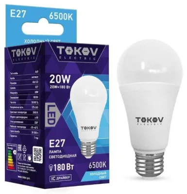 Лампа светодиодная 20Вт А60 6500К Е27 176-264В TOKOV ELECTRIC TKE-A60-E27-20-6.5K