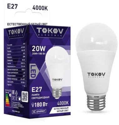 Лампа светодиодная 20Вт А60 4000К Е27 176-264В TOKOV ELECTRIC TKE-A60-E27-20-4K