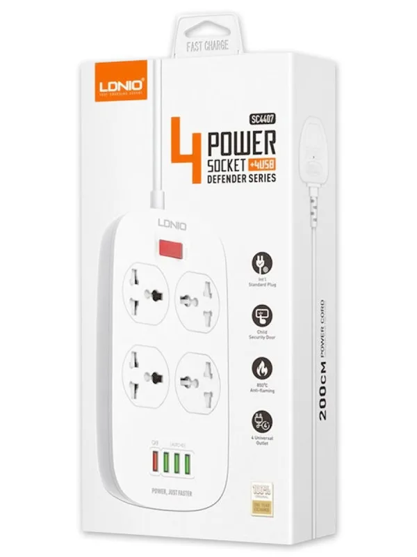 Многофункциональный сетевой фильтр LP4407Q 4 розетки + 4USB порт QC3.0 2000mm 10A с заземлением