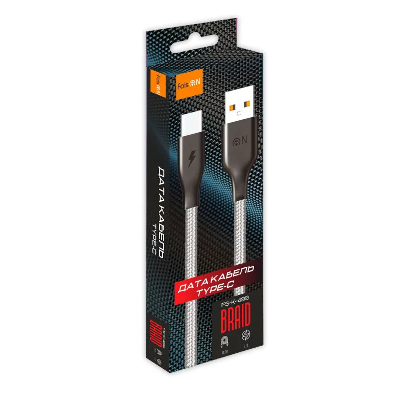 NEW Кабель USB - микро USB FaisON K-49G BRAID, 1.0м, круглый, 2.1A, ткань, цвет: серый