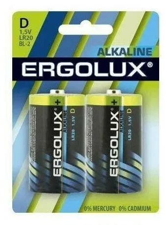 Батарейка Ergolux LR20 BL2, алкалин, блистер, в коробке 12шт