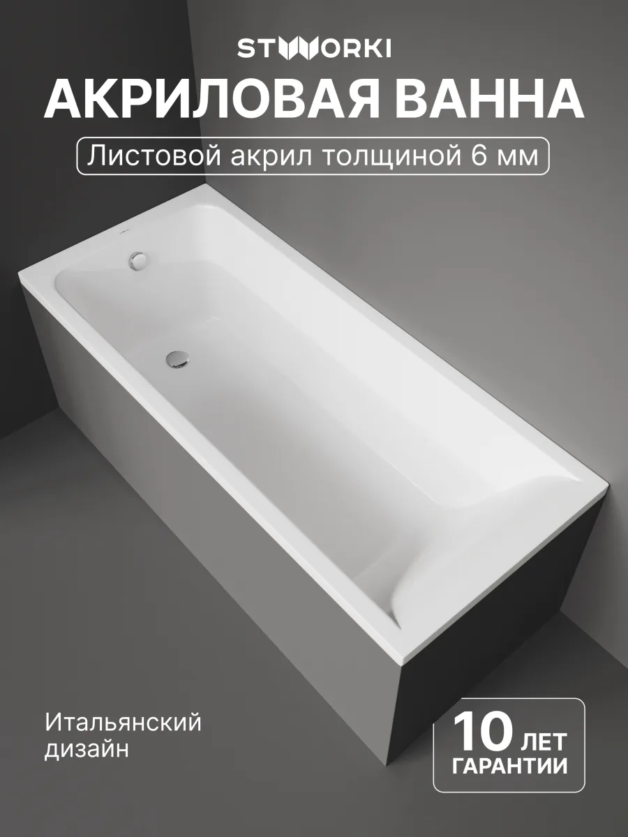 Акриловая ванна STWORKI Стокгольм 170x75 см, встраиваемая, белая, с каркасом