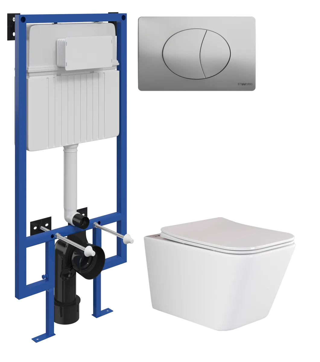 Комплект 3 в 1 Унитаз подвесной Ceramicanova Метрика (Metric) CN3007 + Инсталляция STWORKI 510162 + Кнопка 230823 цвет матовый хром