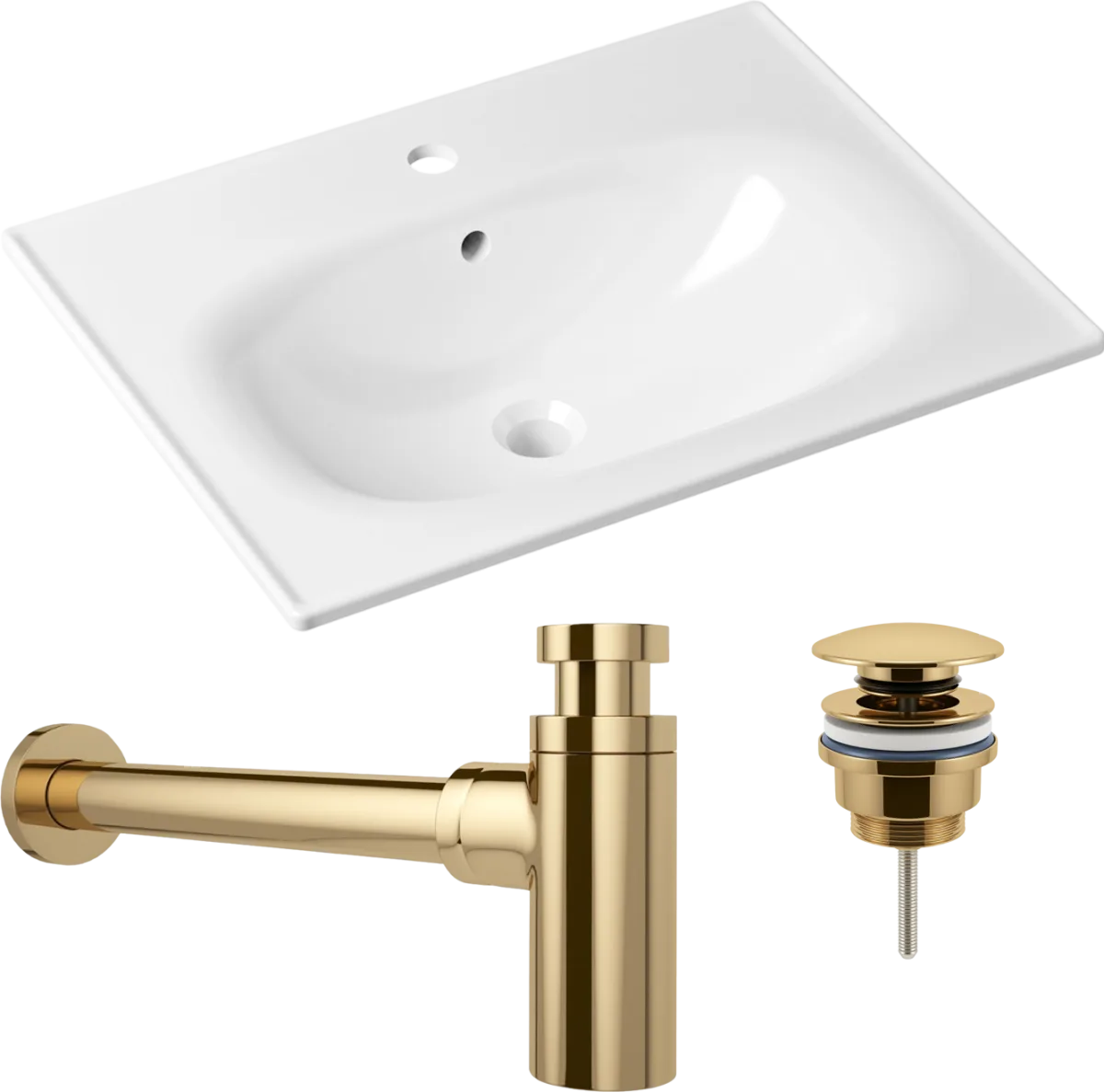 Комплект 3 в 1 Раковина Lavinia Boho Bathroom Sink 33312010 60 глянцевая белая + Донный клапан Wellsee Drainage System 182141000 золото + Сифон 182126000 бутылочный, золото