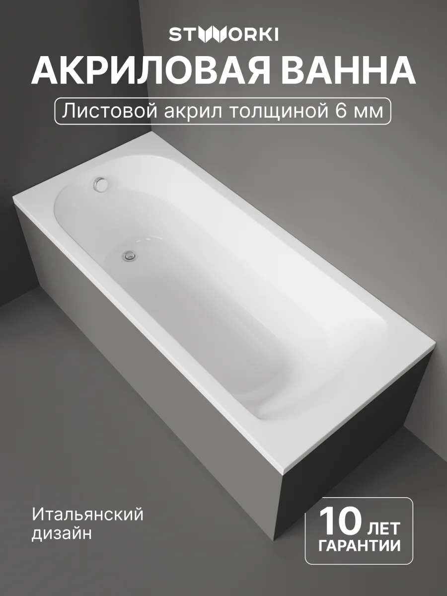 Акриловая ванна STWORKI Ольборг 180x80 см, пристенная, белая, с каркасом