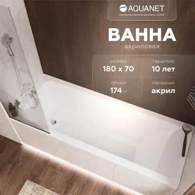 Акриловая ванна Aquanet Ellis 332915 180x70 см, пристенная, белая, с каркасом