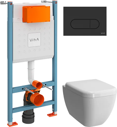 Комплект 3 в 1 Инсталляция с кнопкой VitrA V-Fix Core 732-5800-01 цвет матовый черный + Унитаз подвесной Shift 7742B003-0075 белая глянцевая + Крышка 91-003-009 с микролифтом, петли хром