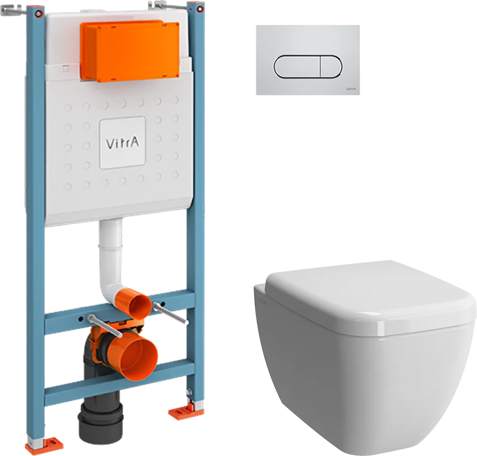 Комплект 3 в 1 Инсталляция с кнопкой VitrA V-Fix Core 732-5800-01 цвет хром глянец + Унитаз подвесной Shift 7742B003-0075 белая глянцевая + Крышка 91-003-009 с микролифтом, петли хром