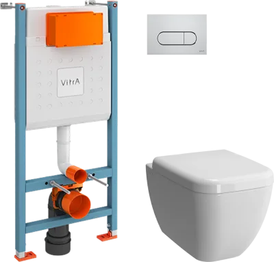 Комплект 3 в 1 Инсталляция с кнопкой VitrA V-Fix Core 732-5800-01 цвет хром глянец + Унитаз подвесной Shift 7742B003-0075 белая глянцевая + Крышка 91-003-009 с микролифтом, петли хром