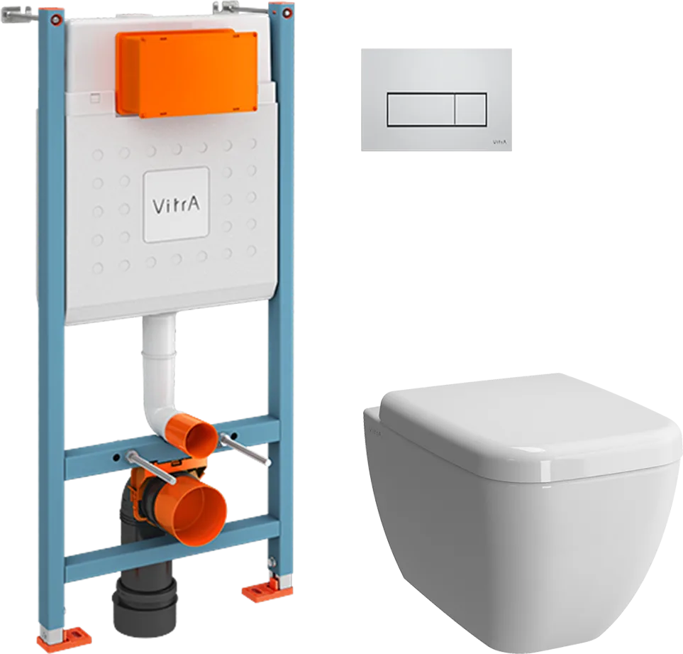Комплект 3 в 1 Унитаз подвесной VitrA Shift 7742B003-0075, белая глянцевая + Сиденье 91-003-009, с микролифтом, петли хром + Инсталляция с кнопкой Ви-Фикс Кор (V-Fix Core) 738-5800-01 цвет хром глянец
