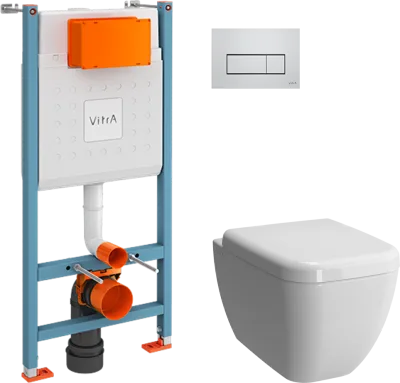 Комплект 3 в 1 Унитаз подвесной VitrA Shift 7742B003-0075, белая глянцевая + Сиденье 91-003-009, с микролифтом, петли хром + Инсталляция с кнопкой Ви-Фикс Кор (V-Fix Core) 738-5800-01 цвет хром глянец