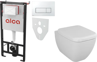 Комплект 3 в 1 Унитаз подвесной VitrA Shift 7742B003-0075, белая глянцевая + Сиденье 91-003-009, с микролифтом, петли хром + Инсталляция с кнопкой AlcaPlast AM101/1120-4:1 RU M571-0001 цвет хром глянец