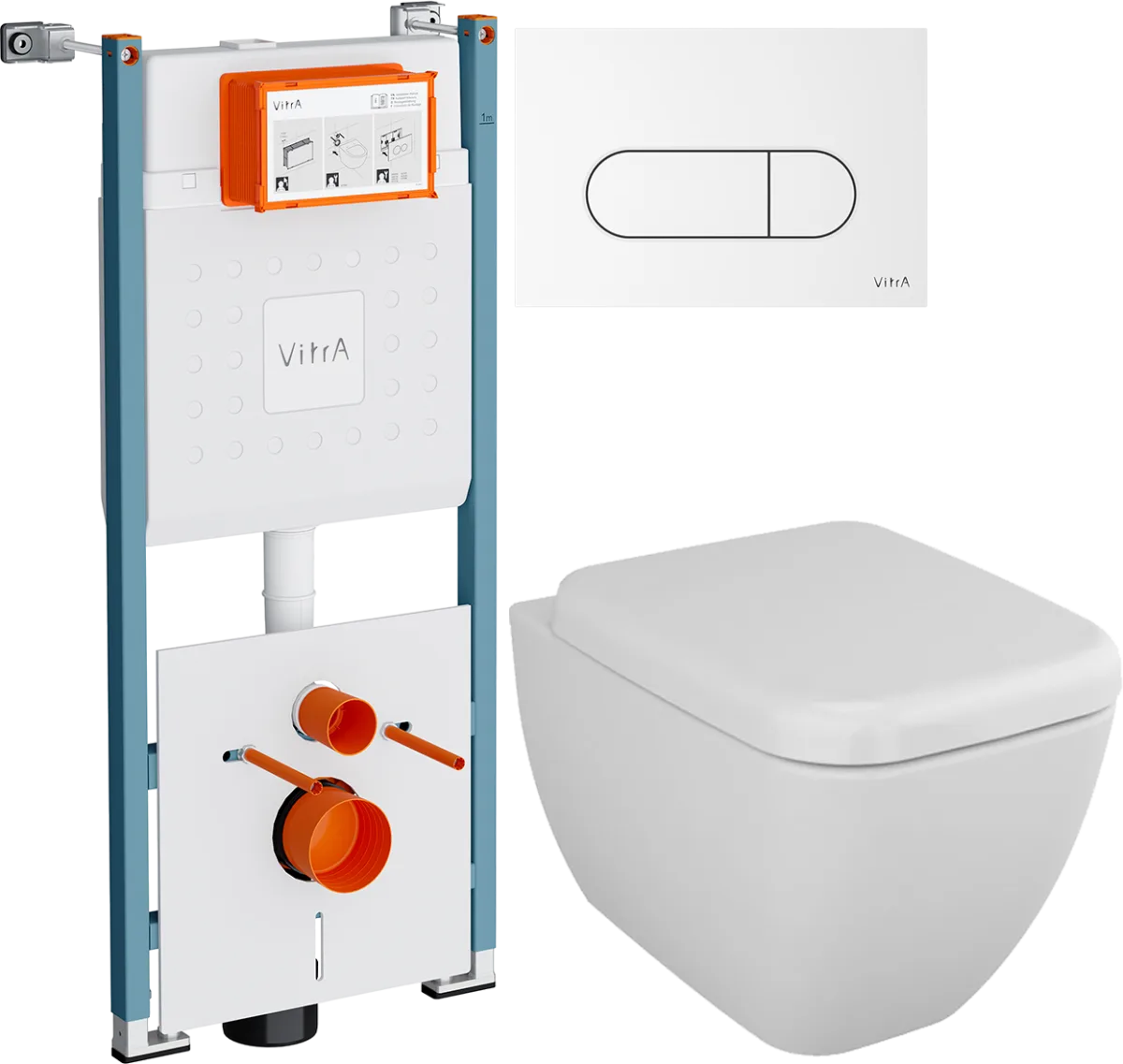 Комплект 4 в 1 Унитаз подвесной VitrA Shift 7742B003-0075, белая глянцевая + Сиденье 91-003-009, с микролифтом, петли хром + Инсталляция Ви-Фикс Кор (V-Fix Core) 732-5800-01PV + Кнопка Рут Раунд (Root Round) 740-2200 цвет глянцевый белый
