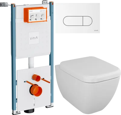 Комплект 4 в 1 Унитаз подвесной VitrA Shift 7742B003-0075, белая глянцевая + Сиденье 91-003-009, с микролифтом, петли хром + Инсталляция Ви-Фикс Кор (V-Fix Core) 732-5800-01PV + Кнопка Рут Раунд (Root Round) 740-2200 цвет глянцевый белый