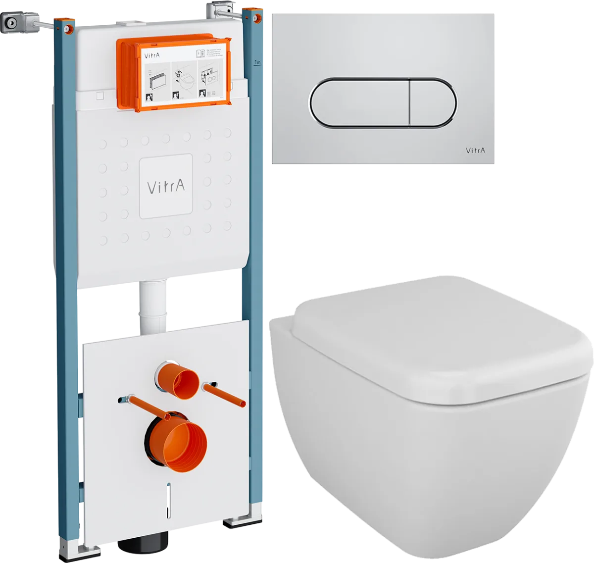 Комплект 4 в 1 Унитаз подвесной VitrA Shift 7742B003-0075, белая глянцевая + Сиденье 91-003-009, с микролифтом, петли хром + Инсталляция Ви-Фикс Кор (V-Fix Core) 732-5800-01PV + Кнопка Рут Раунд (Root Round) 740-2280 цвет хром