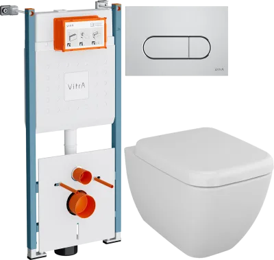 Комплект 4 в 1 Унитаз подвесной VitrA Shift 7742B003-0075, белая глянцевая + Сиденье 91-003-009, с микролифтом, петли хром + Инсталляция Ви-Фикс Кор (V-Fix Core) 732-5800-01PV + Кнопка Рут Раунд (Root Round) 740-2280 цвет хром