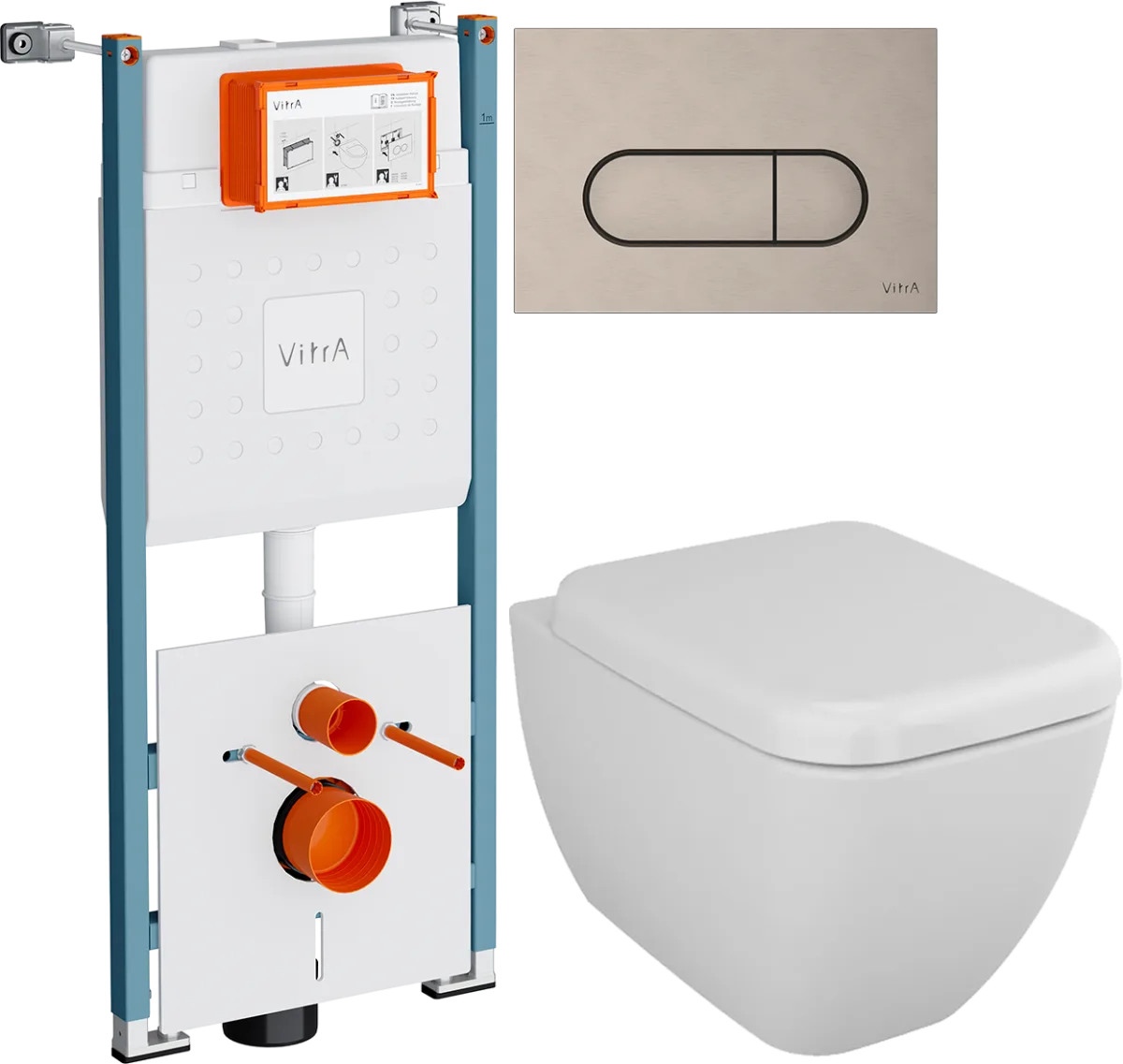 Комплект 4 в 1 Унитаз подвесной VitrA Shift 7742B003-0075, белая глянцевая + Сиденье 91-003-009, с микролифтом, петли хром + Инсталляция Ви-Фикс Кор (V-Fix Core) 732-5800-01PV + Кнопка Рут Раунд (Root Round) 740-2295 цвет никель