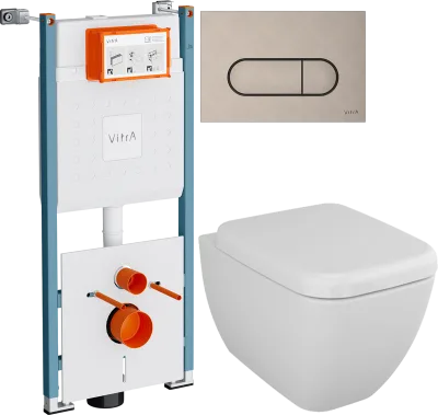 Комплект 4 в 1 Унитаз подвесной VitrA Shift 7742B003-0075, белая глянцевая + Сиденье 91-003-009, с микролифтом, петли хром + Инсталляция Ви-Фикс Кор (V-Fix Core) 732-5800-01PV + Кнопка Рут Раунд (Root Round) 740-2295 цвет никель
