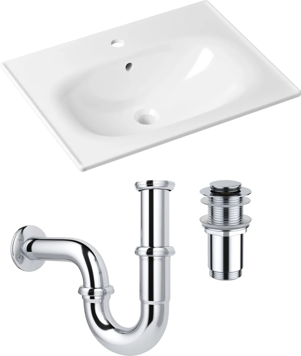 Комплект 3 в 1 Раковина Lavinia Boho Bathroom Sink 33312010 60 глянцевая белая + Донный клапан Wellsee Drainage System 182139000 хром + Сифон 182103000 бутылочный, хром