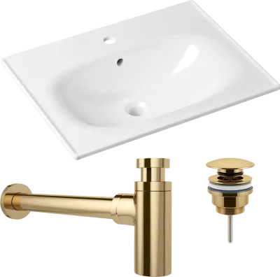Комплект 3 в 1 Раковина Lavinia Boho Bathroom Sink 33312010 60 глянцевая белая + Донный клапан Wellsee Drainage System 182141000 золото + Сифон 182126000 бутылочный, золото