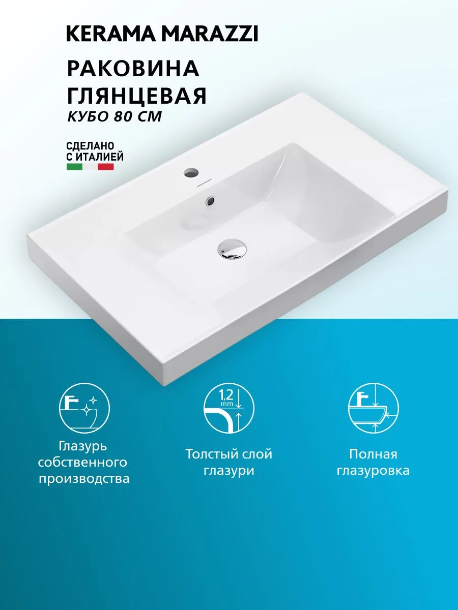Мебельная раковина KERAMA MARAZZI Кубо 81 накладная, глянцевая белая, прямоугольная, фаянс
