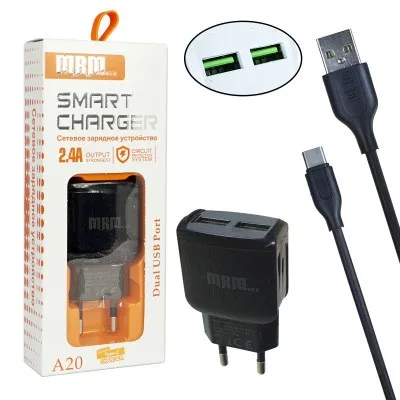 NEW Сетевое зарядное устройство MRM A20 5V/2.4A 2USB + кабель бесплатно Type-C (black)