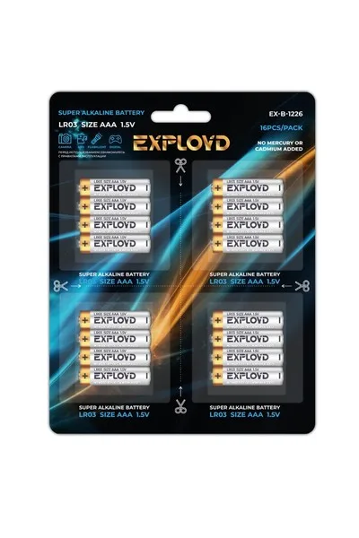 NEW Батарейка AAA Exployd LR03-16BL Alkaline, 1.5B, отрывные, Basic 4*4, (арт.EX-B-1226)