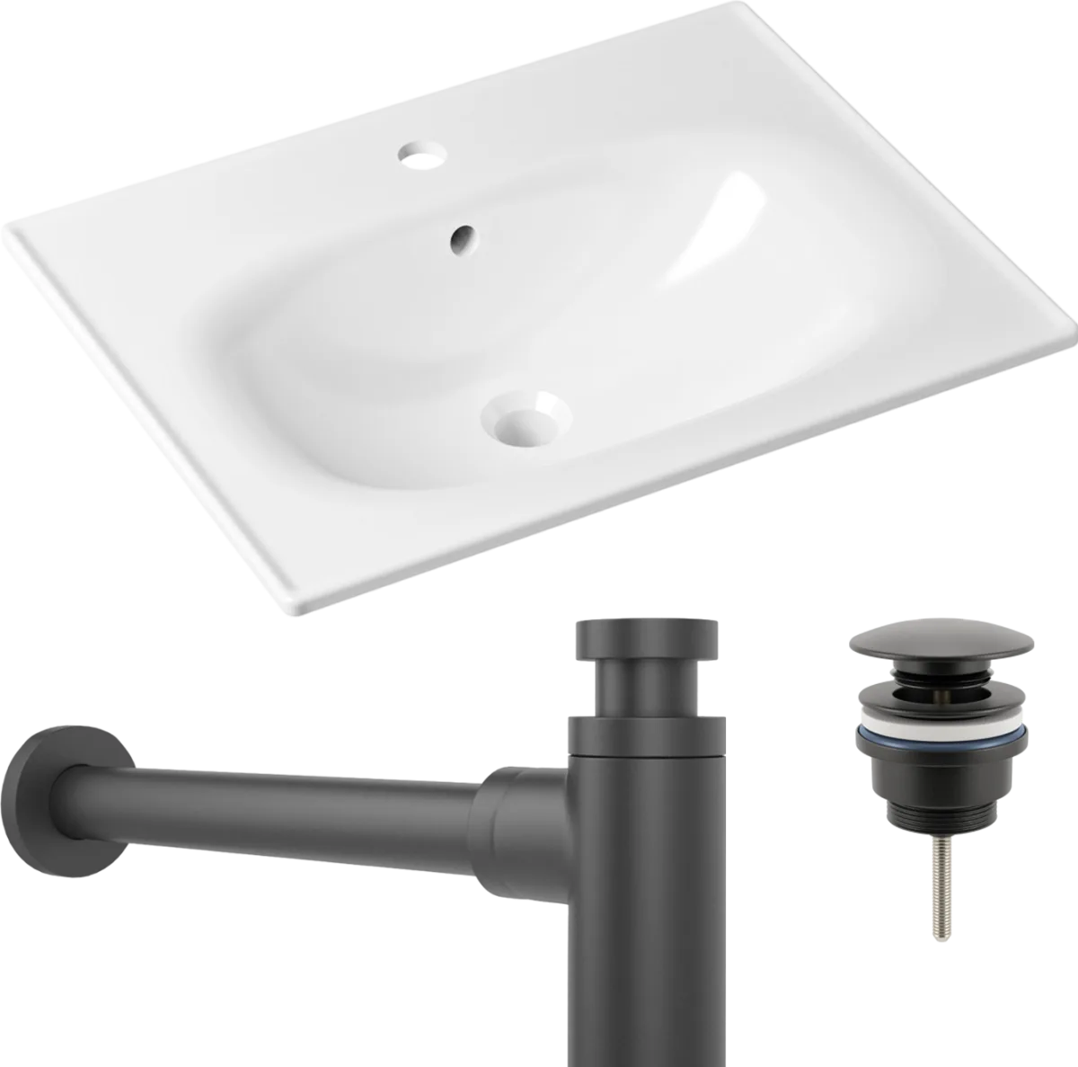 Комплект 3 в 1 Раковина Lavinia Boho Bathroom Sink 33312010 60 глянцевая белая + Донный клапан Wellsee Drainage System 182140000 матовый черный + Сифон 182120000 бутылочный, матовый черный