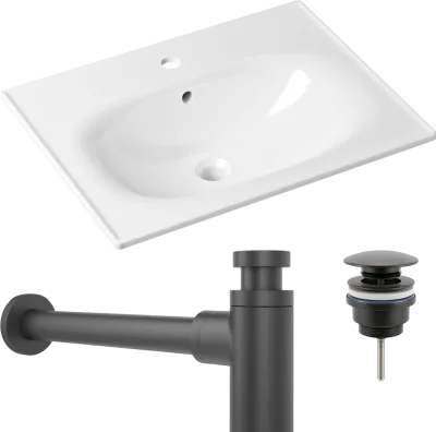 Комплект 3 в 1 Раковина Lavinia Boho Bathroom Sink 33312010 60 глянцевая белая + Донный клапан Wellsee Drainage System 182140000 матовый черный + Сифон 182120000 бутылочный, матовый черный