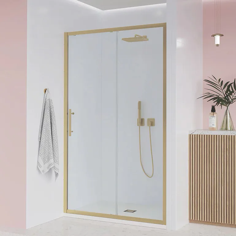Душевая дверь в нишу Veconi Evo 100 G 110 см, профиль брашированное золото, стекло прозрачное