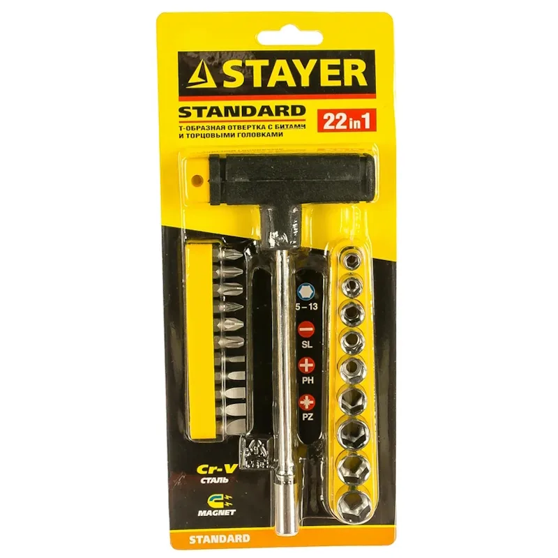 Набор отвертка STAYER с Т-обр руч с битами/торц.головками (22пр) 2540-H20